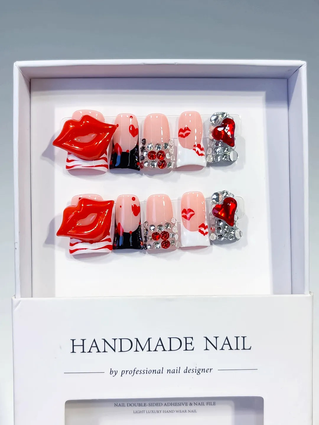 Nude Red White Silver Abstract Lip Heart Rhinestone 3D press on nails full set view