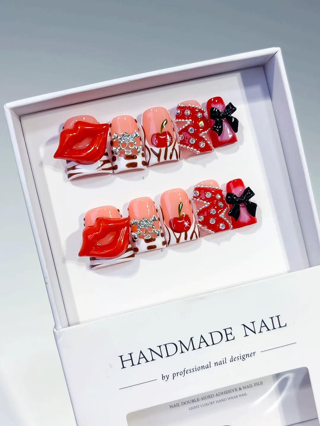 Nude Red Pink White Black Silver Abstract Lip Apple Bow Rhinestone 3D press on nails full set view