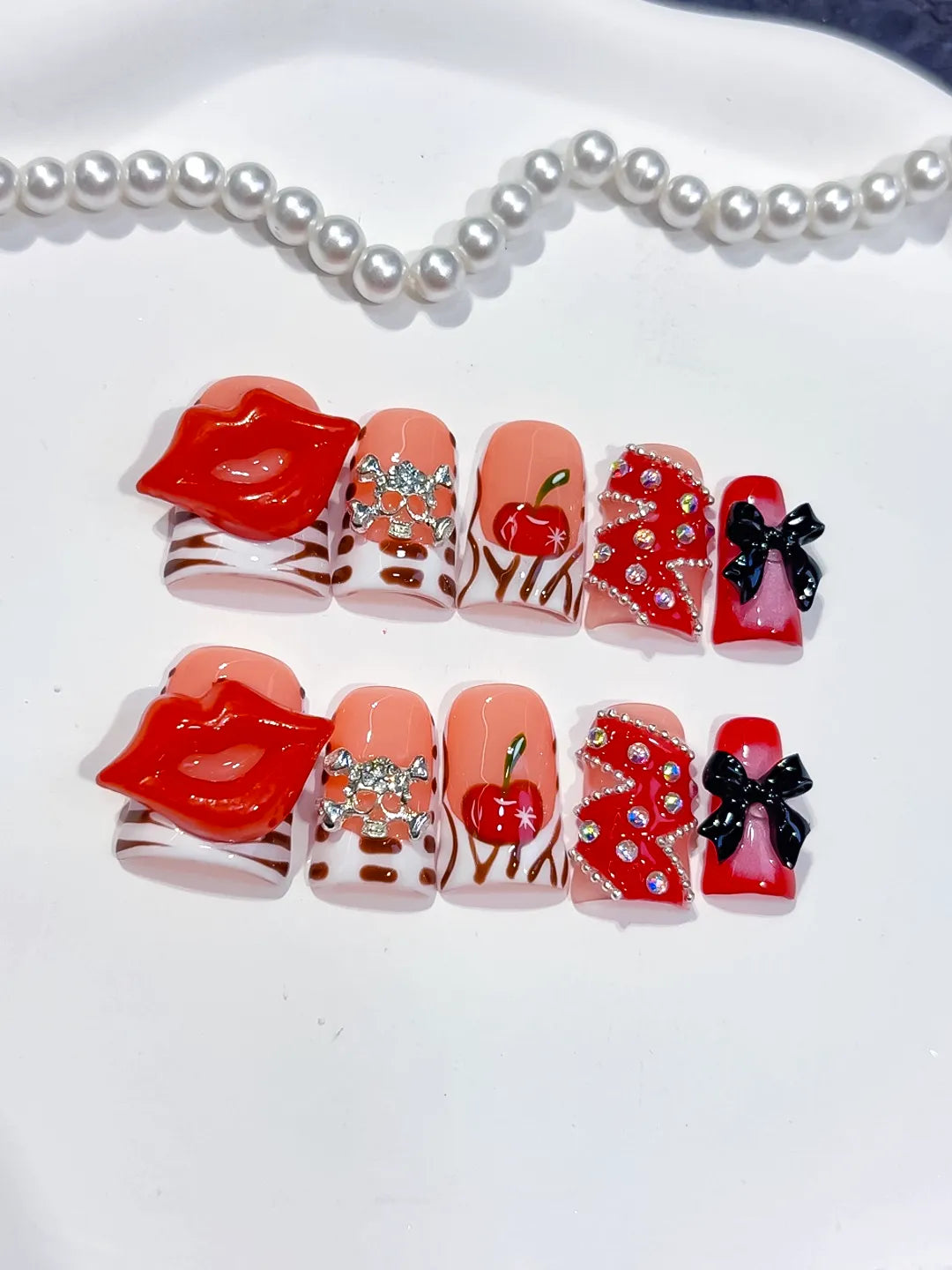 Nude Red Pink White Black Silver Abstract Lip Apple Bow Rhinestone 3D press on nails close up
