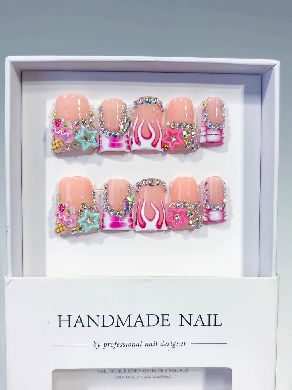Nude Pink White Silver Multicolor Abstract Star Flame Rhinestone press on nails full set view
