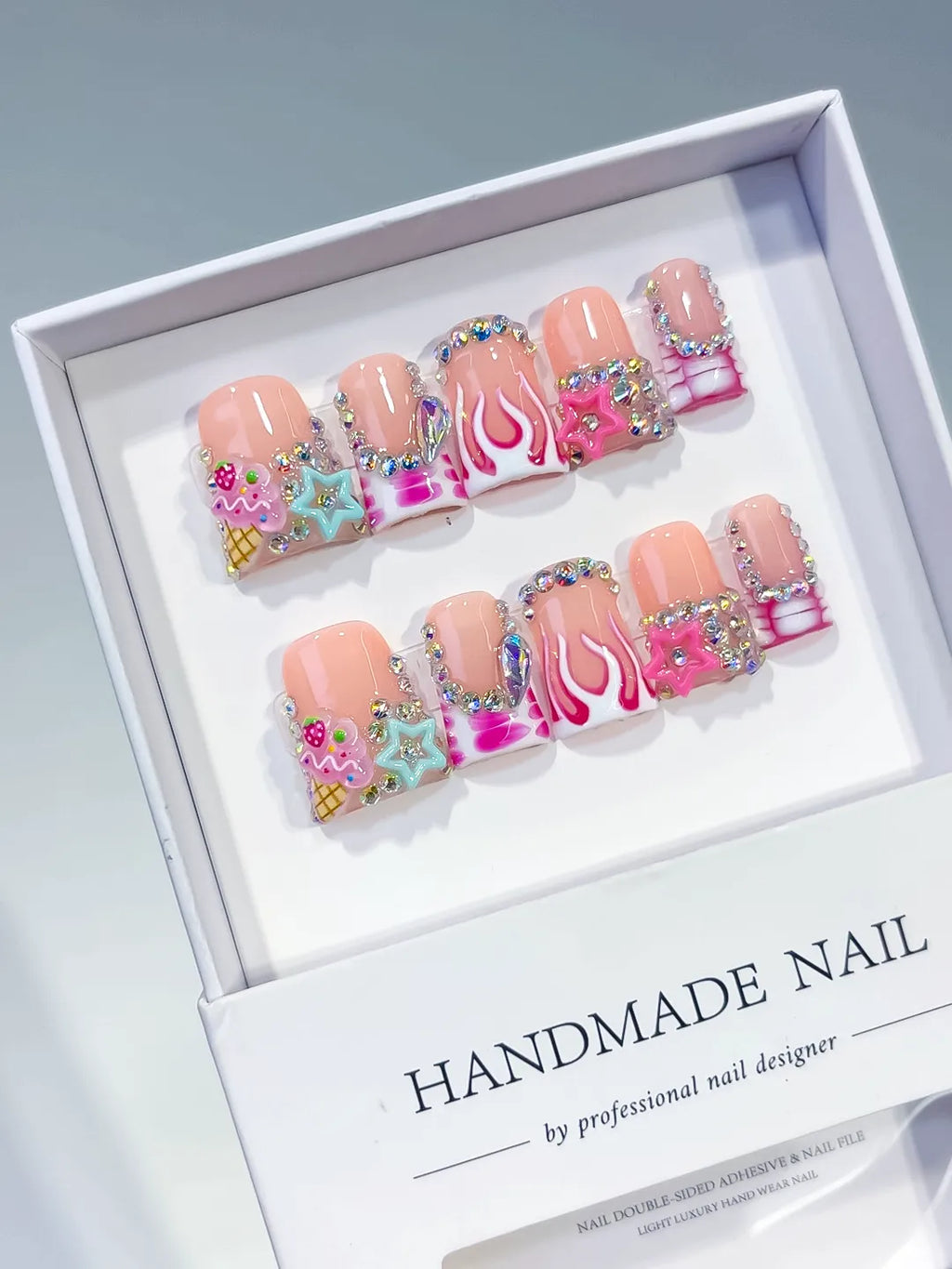 Nude Pink White Silver Multicolor Abstract Star Flame Rhinestone press on nails angled view