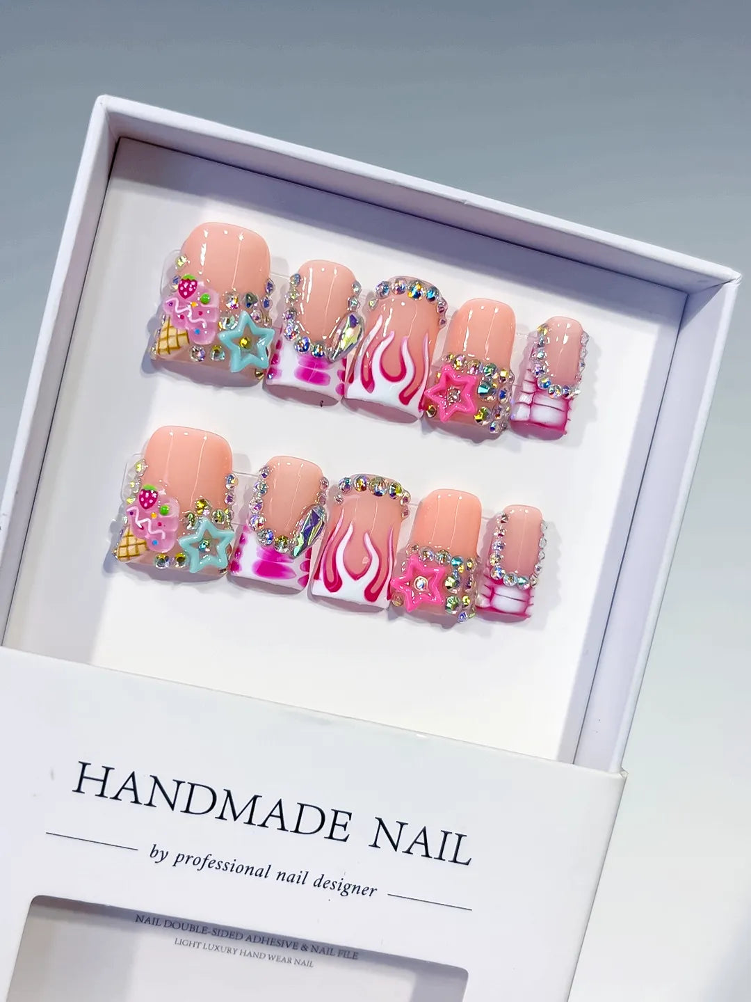 Nude Pink White Silver Multicolor Abstract Star Flame Rhinestone press on nails
