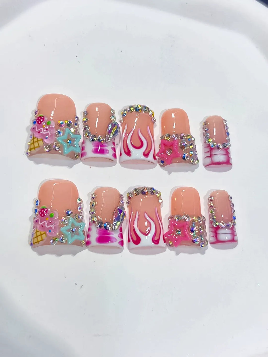 Nude Pink White Silver Multicolor Abstract Star Flame Rhinestone press on nails close up