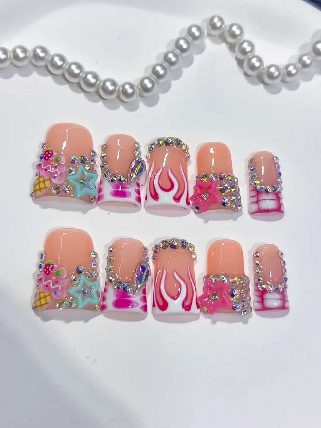 Nude Pink White Silver Multicolor Abstract Star Flame Rhinestone press on nails detail view