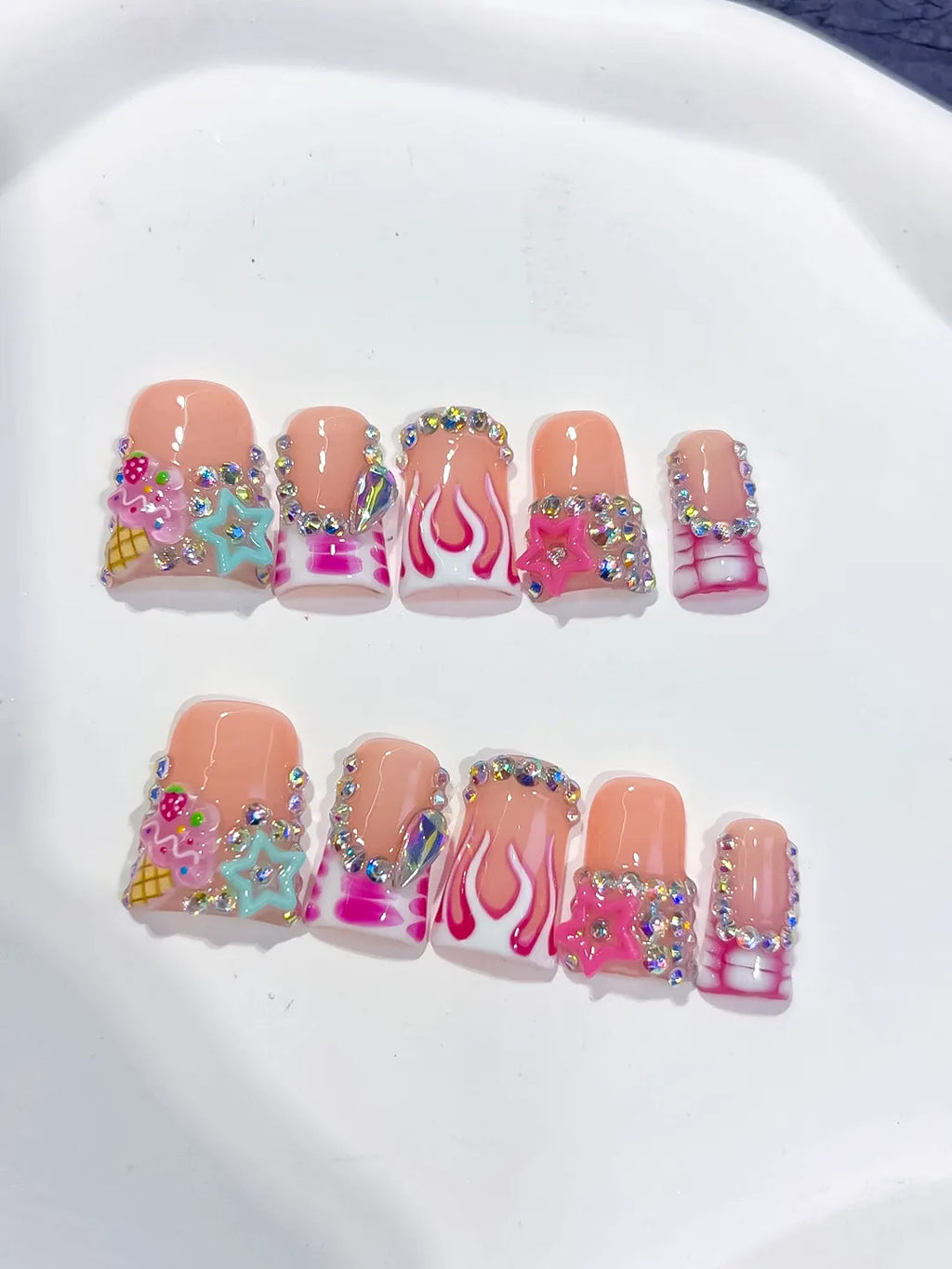 Nude Pink White Silver Multicolor Abstract Star Flame Rhinestone press on nails detail view