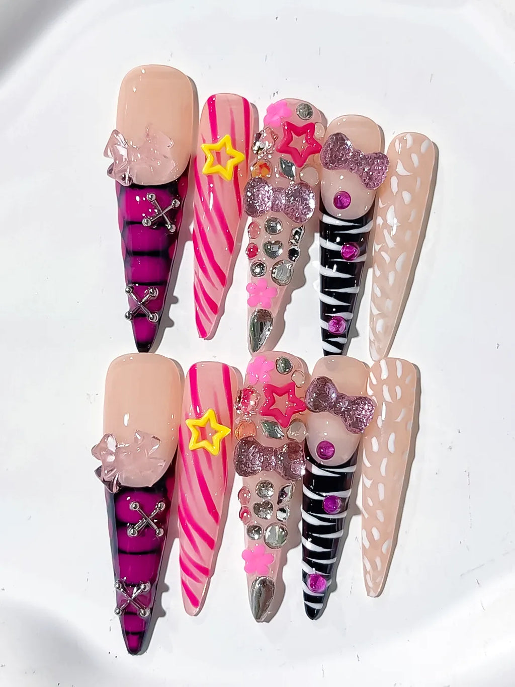Nude Pink Black White Yellow Silver Abstract Bow Star Rhinestone 3D press on nails detail view