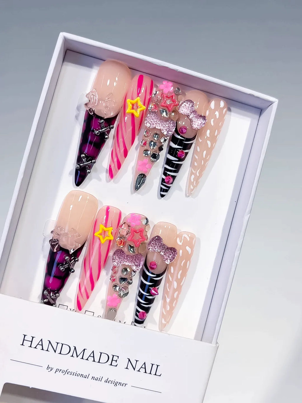 Nude Pink Black White Yellow Silver Abstract Bow Star Rhinestone 3D press on nails