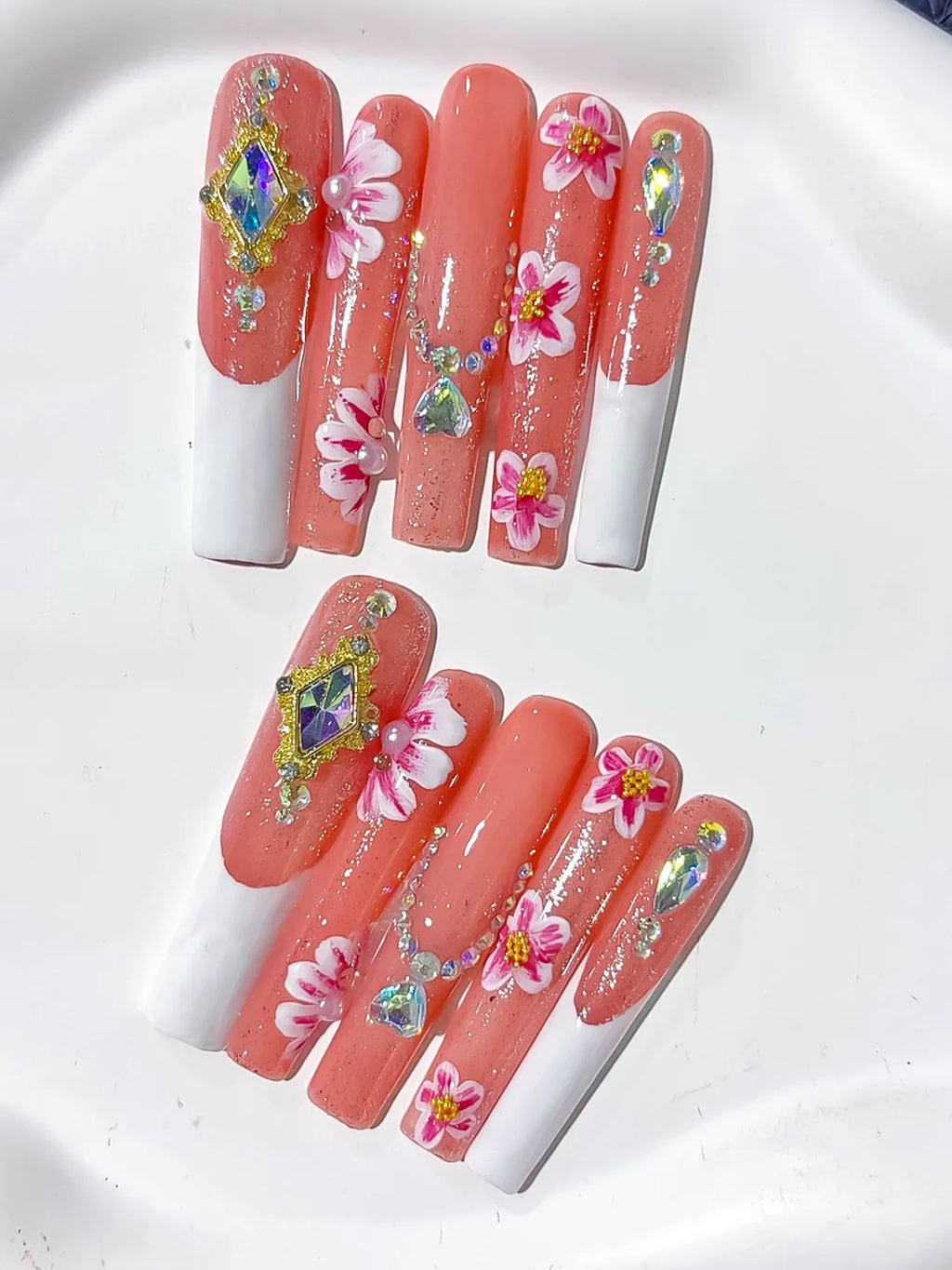 Orange White Pink Gold Silver Multicolor Floral Rhinestone press on nails close up
