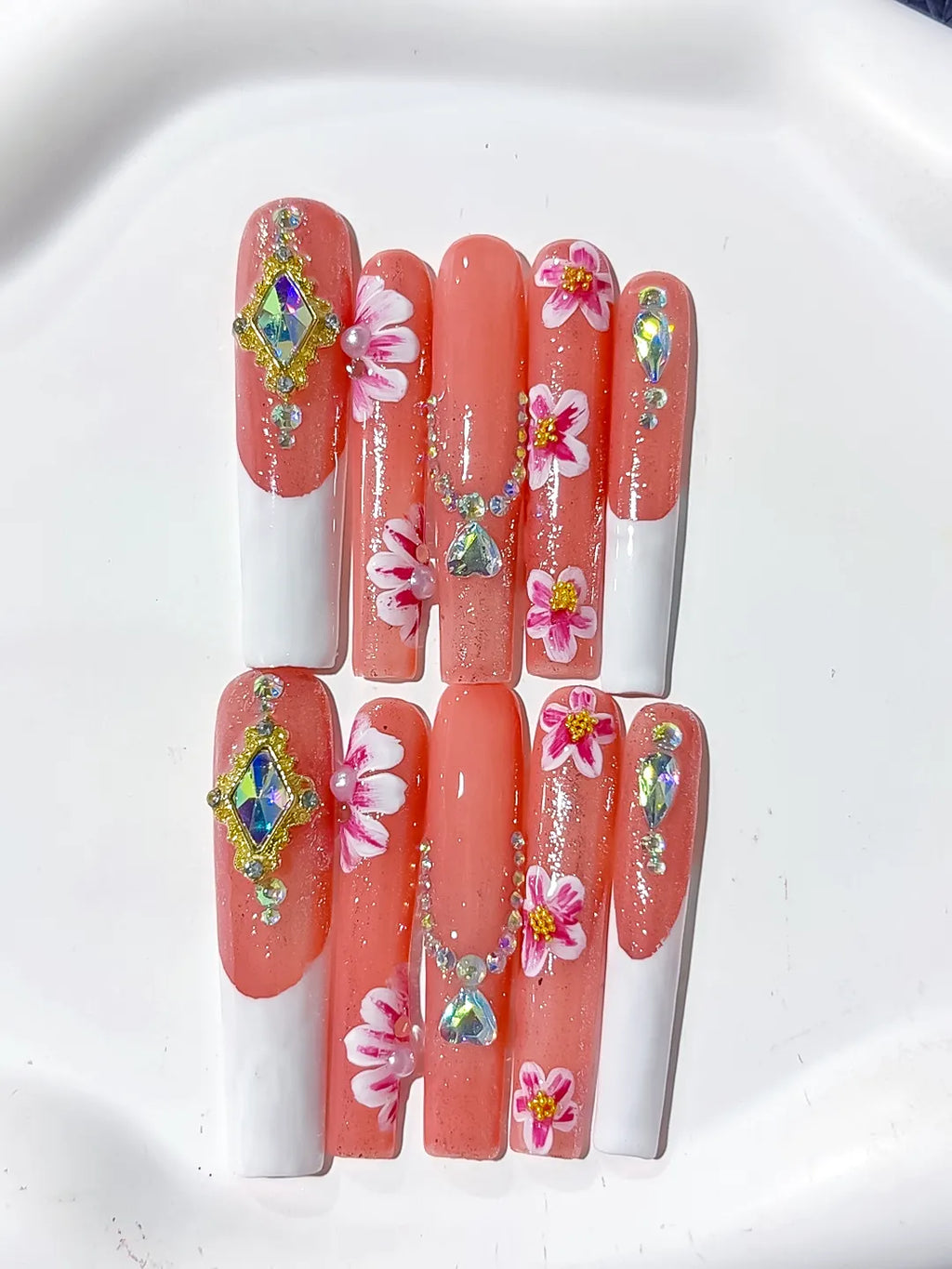 Orange White Pink Gold Silver Multicolor Floral Rhinestone press on nails detail view