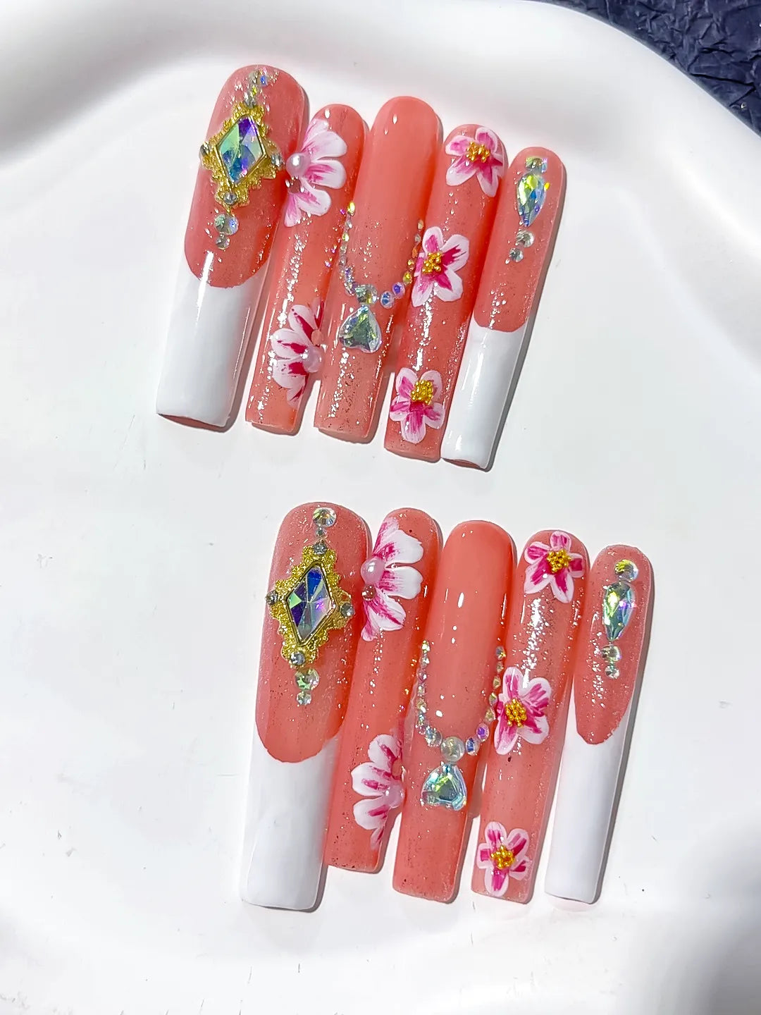 Orange White Pink Gold Silver Multicolor Floral Rhinestone press on nails detail view