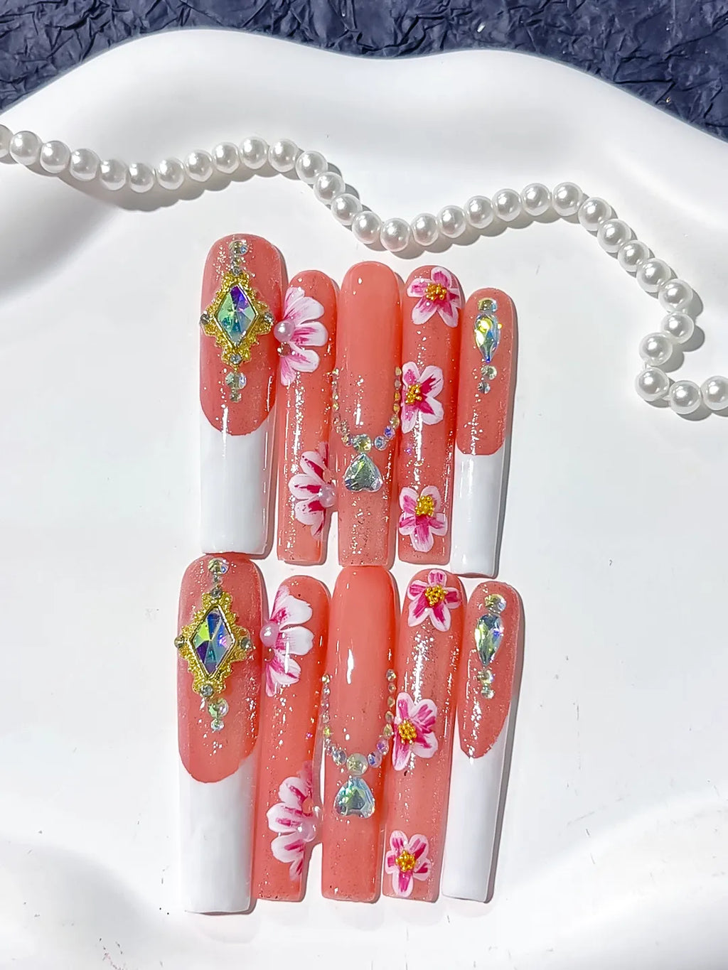 Orange White Pink Gold Silver Multicolor Floral Rhinestone press on nails detail view