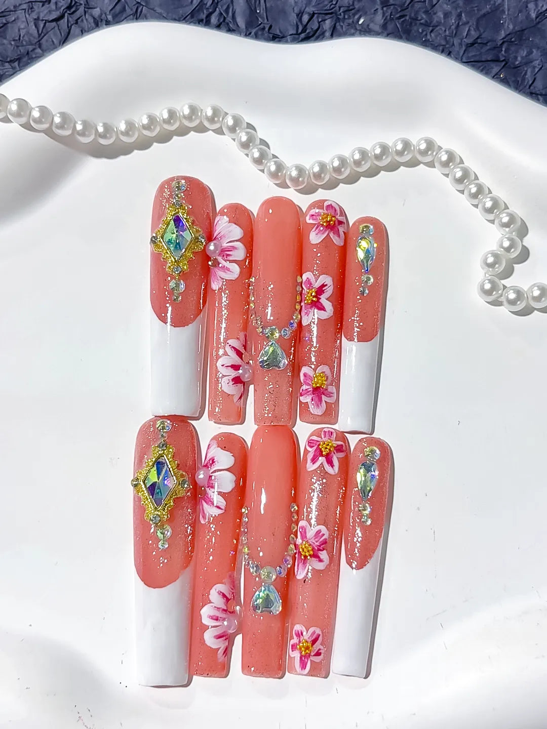 Orange White Pink Gold Silver Multicolor Floral Rhinestone press on nails detail view
