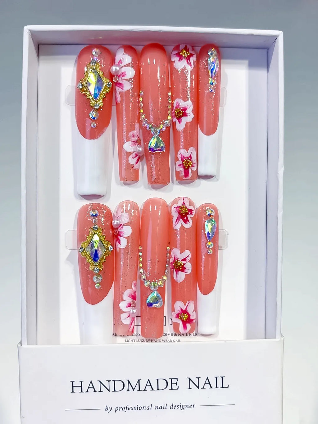 Orange White Pink Gold Silver Multicolor Floral Rhinestone press on nails full set view