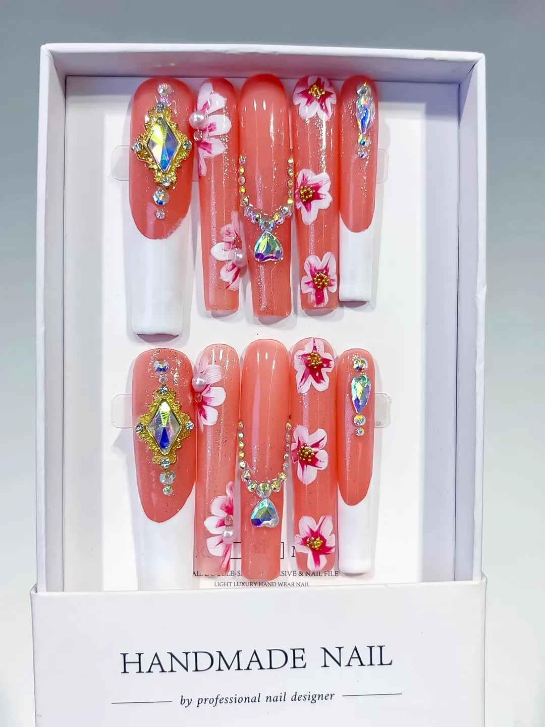 Orange White Pink Gold Silver Multicolor Floral Rhinestone press on nails full set view