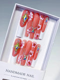 Orange White Pink Gold Silver Multicolor Floral Rhinestone press on nails