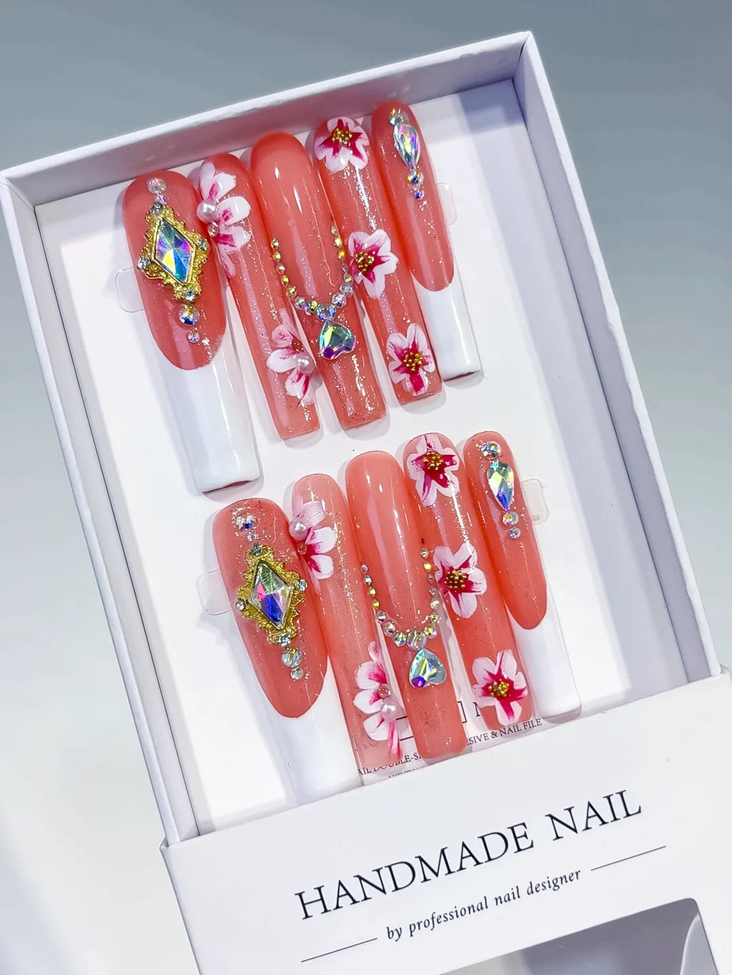 Orange White Pink Gold Silver Multicolor Floral Rhinestone press on nails angled view