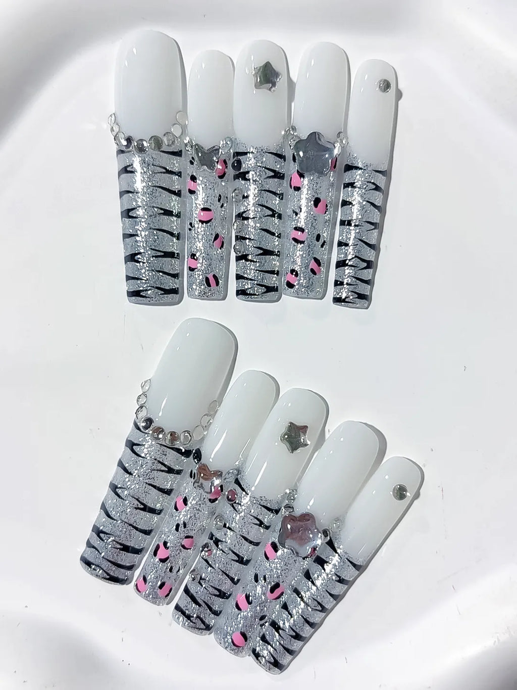 White Silver Black Pink Abstract Star Animal Print Rhinestone press on nails detail view