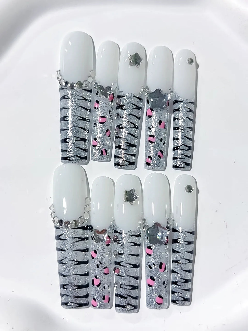 White Silver Black Pink Abstract Star Animal Print Rhinestone press on nails detail view