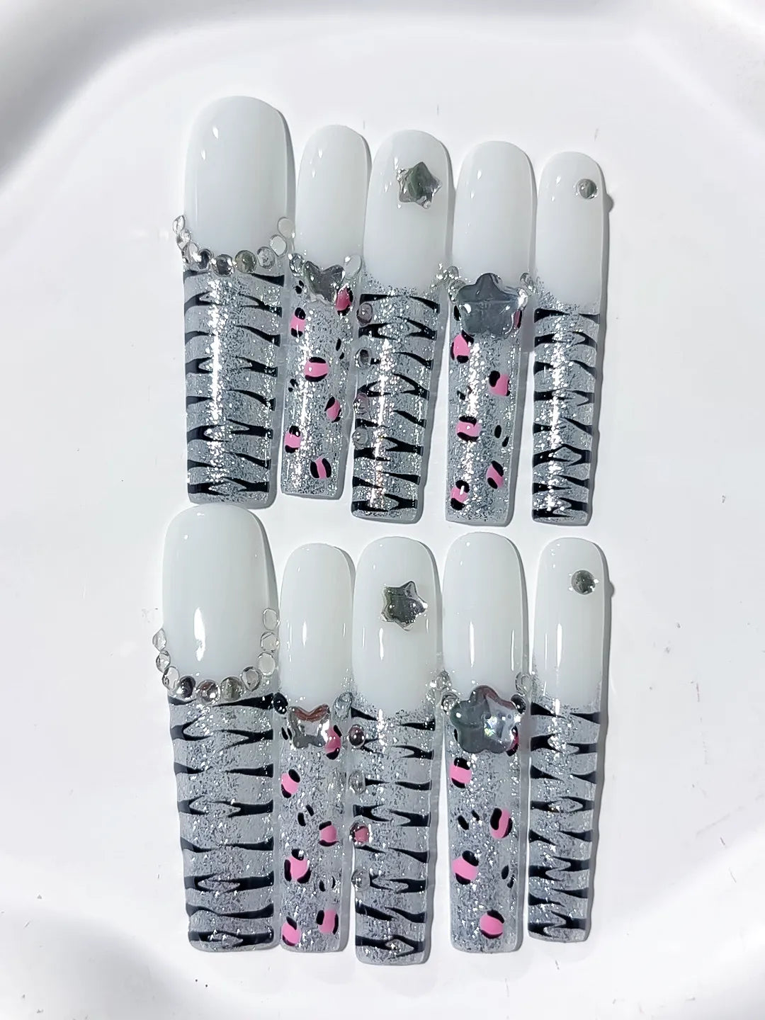 White Silver Black Pink Abstract Star Animal Print Rhinestone press on nails detail view