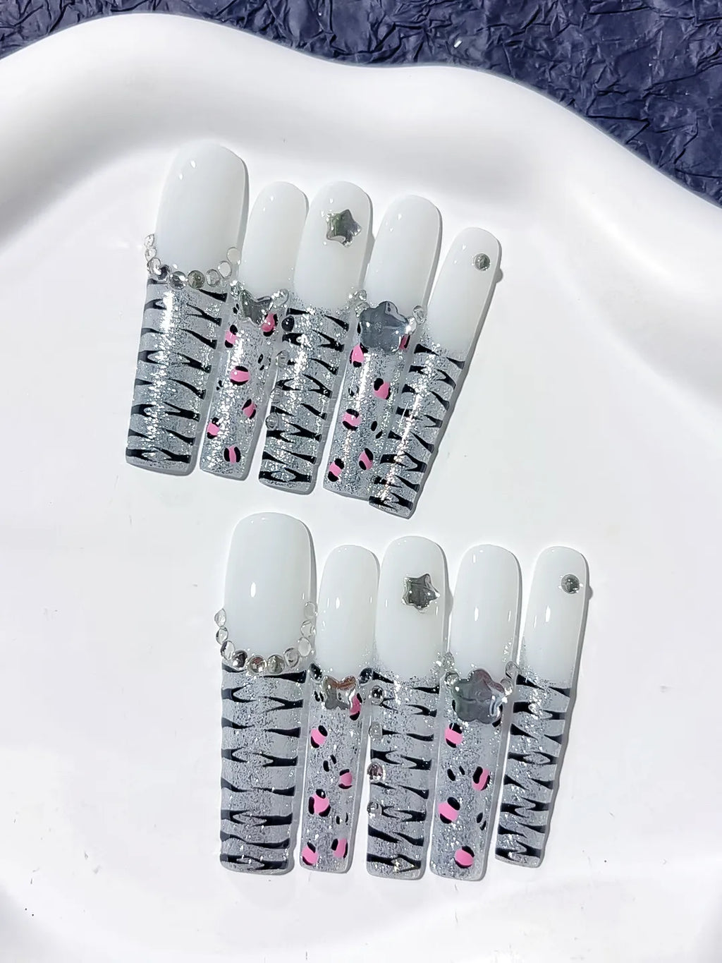 White Silver Black Pink Abstract Star Animal Print Rhinestone press on nails detail view