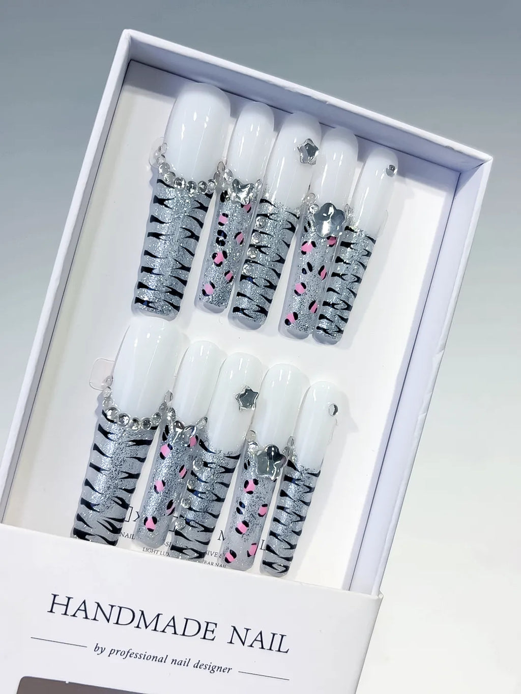 White Silver Black Pink Abstract Star Animal Print Rhinestone press on nails