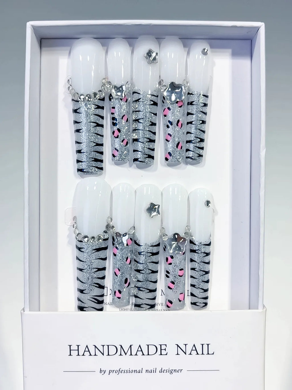White Silver Black Pink Abstract Star Animal Print Rhinestone press on nails full set view