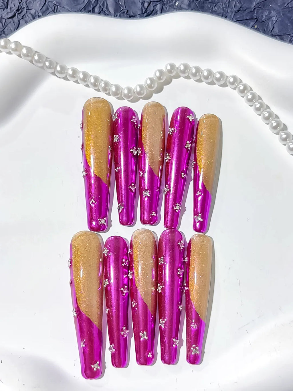 Pink Gold Silver Metallic Rhinestone press on nails close up