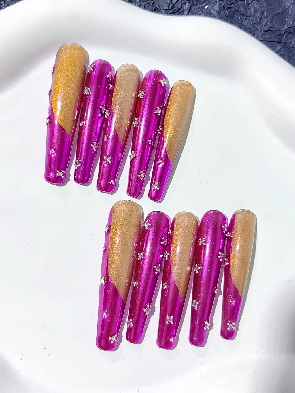 Pink Gold Silver Metallic Rhinestone press on nails detail view