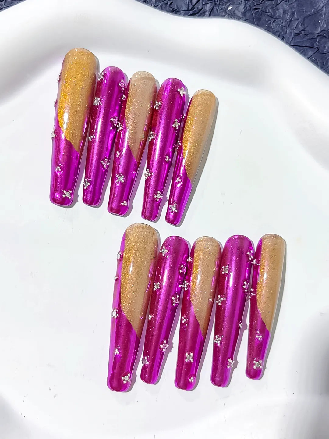 Pink Gold Silver Metallic Rhinestone press on nails detail view
