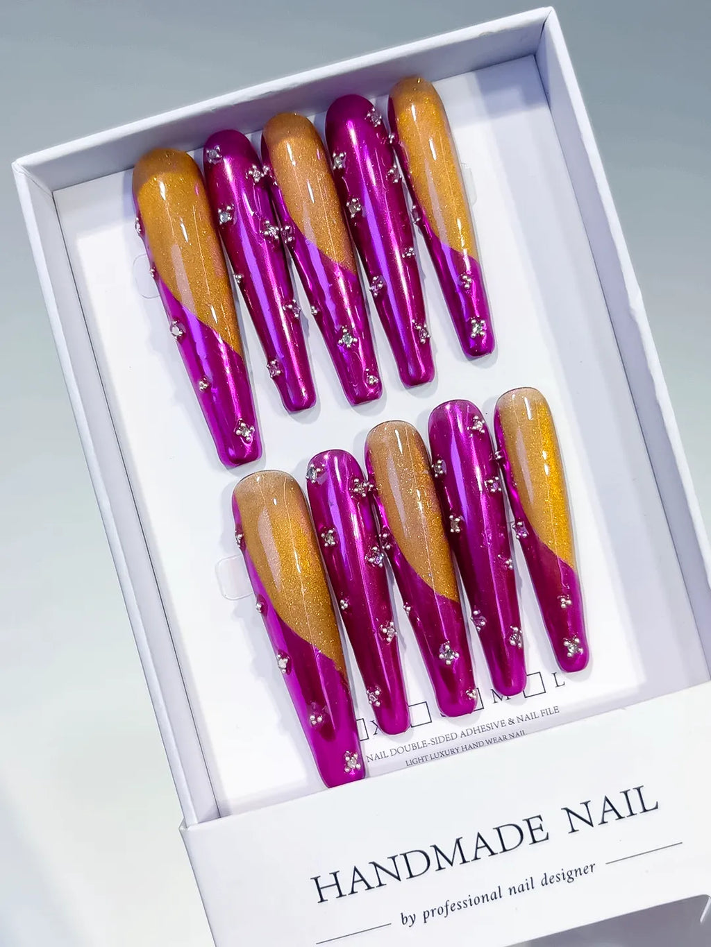 Pink Gold Silver Metallic Rhinestone press on nails angled view