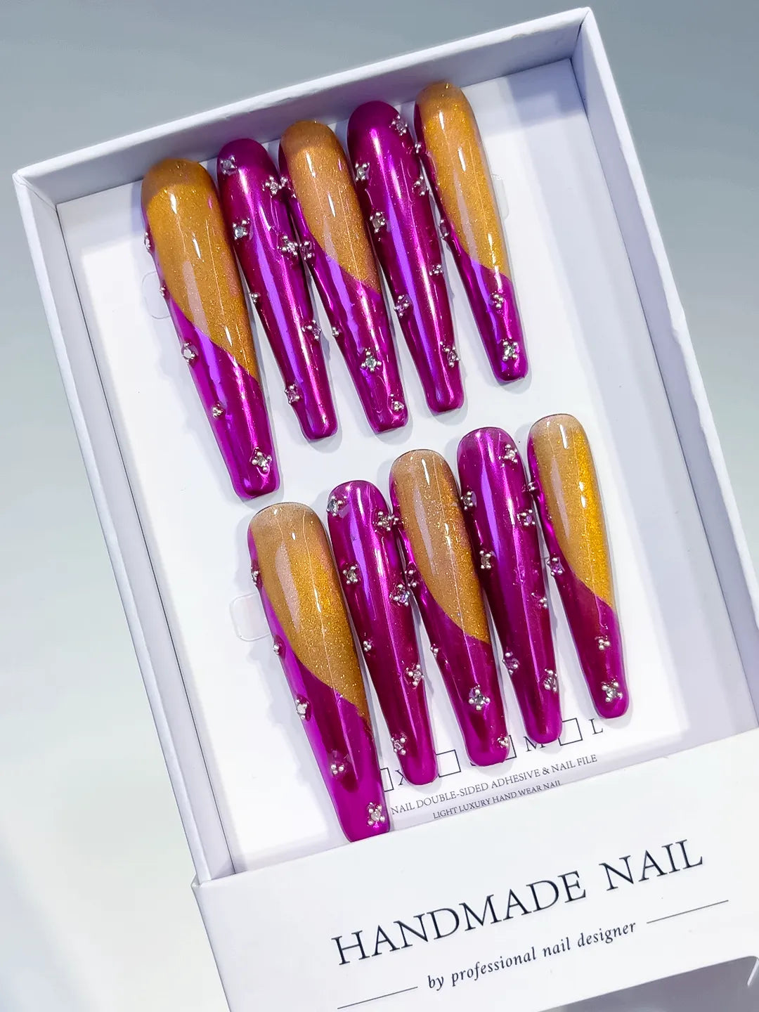 Pink Gold Silver Metallic Rhinestone press on nails angled view