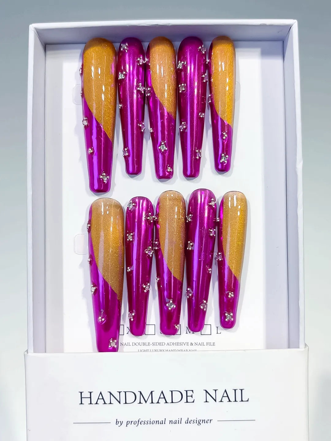 Pink Gold Silver Metallic Rhinestone press on nails full set view