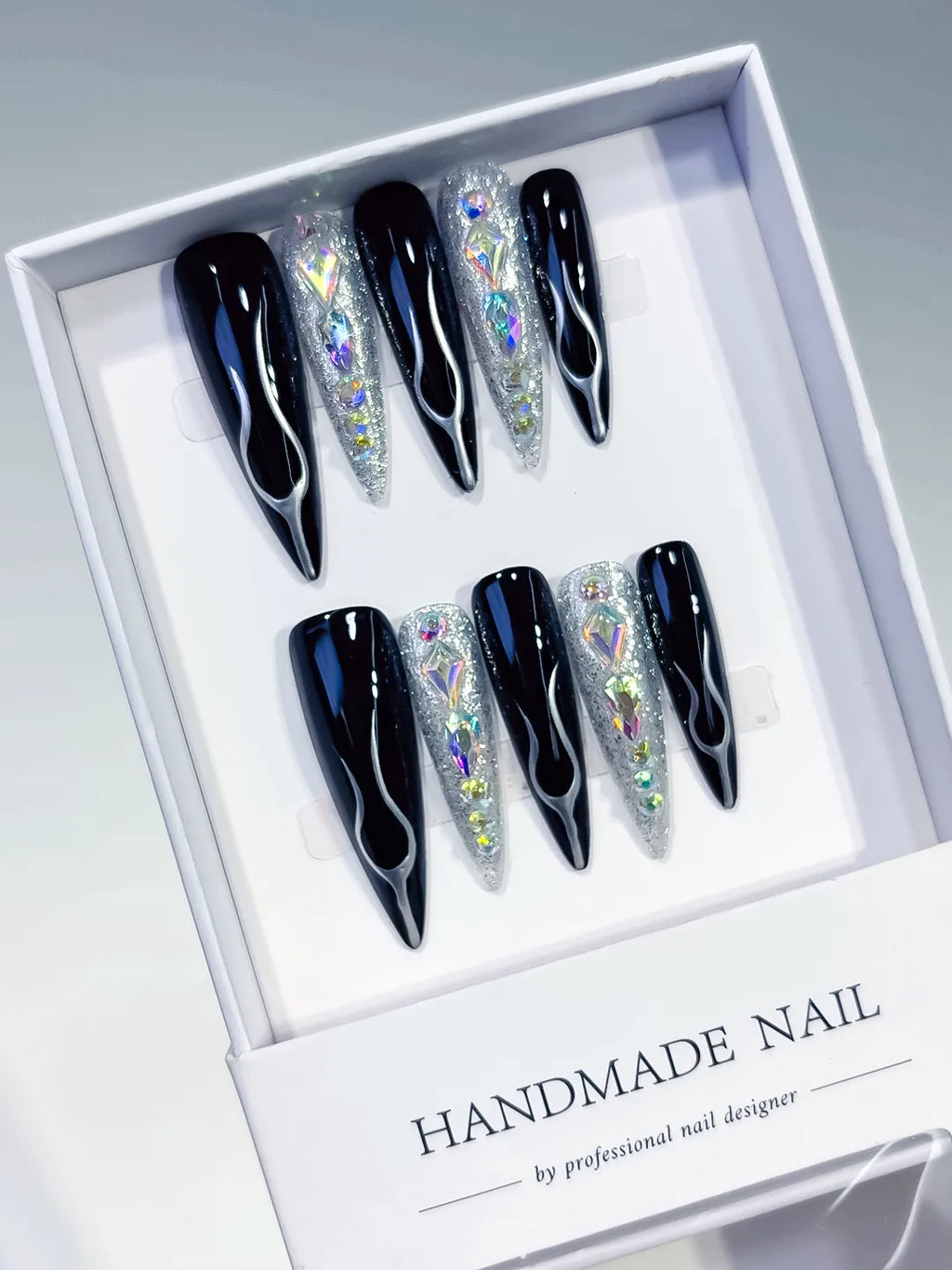 Black Silver Abstract Glitter press on nails angled view
