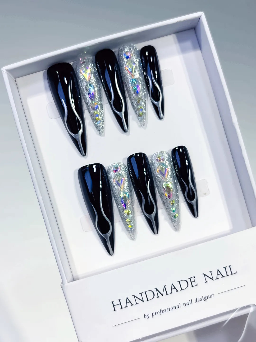 Black Silver Abstract Glitter press on nails angled view