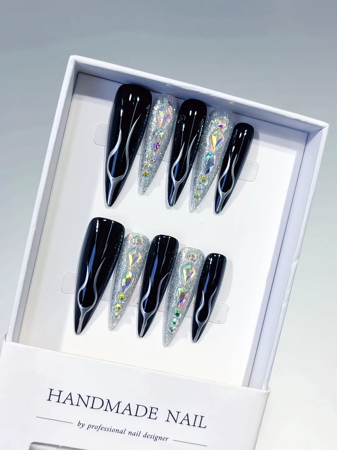 Black Silver Abstract Glitter press on nails
