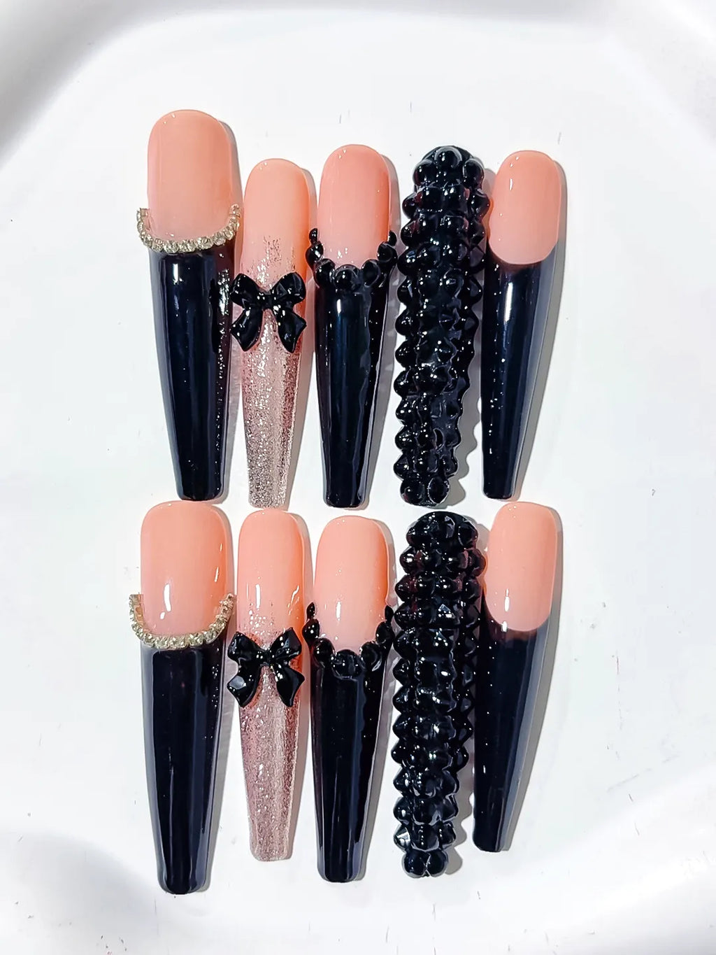 Nude Black Pink Gold French tip Bow Glitter 3D press on nails close up