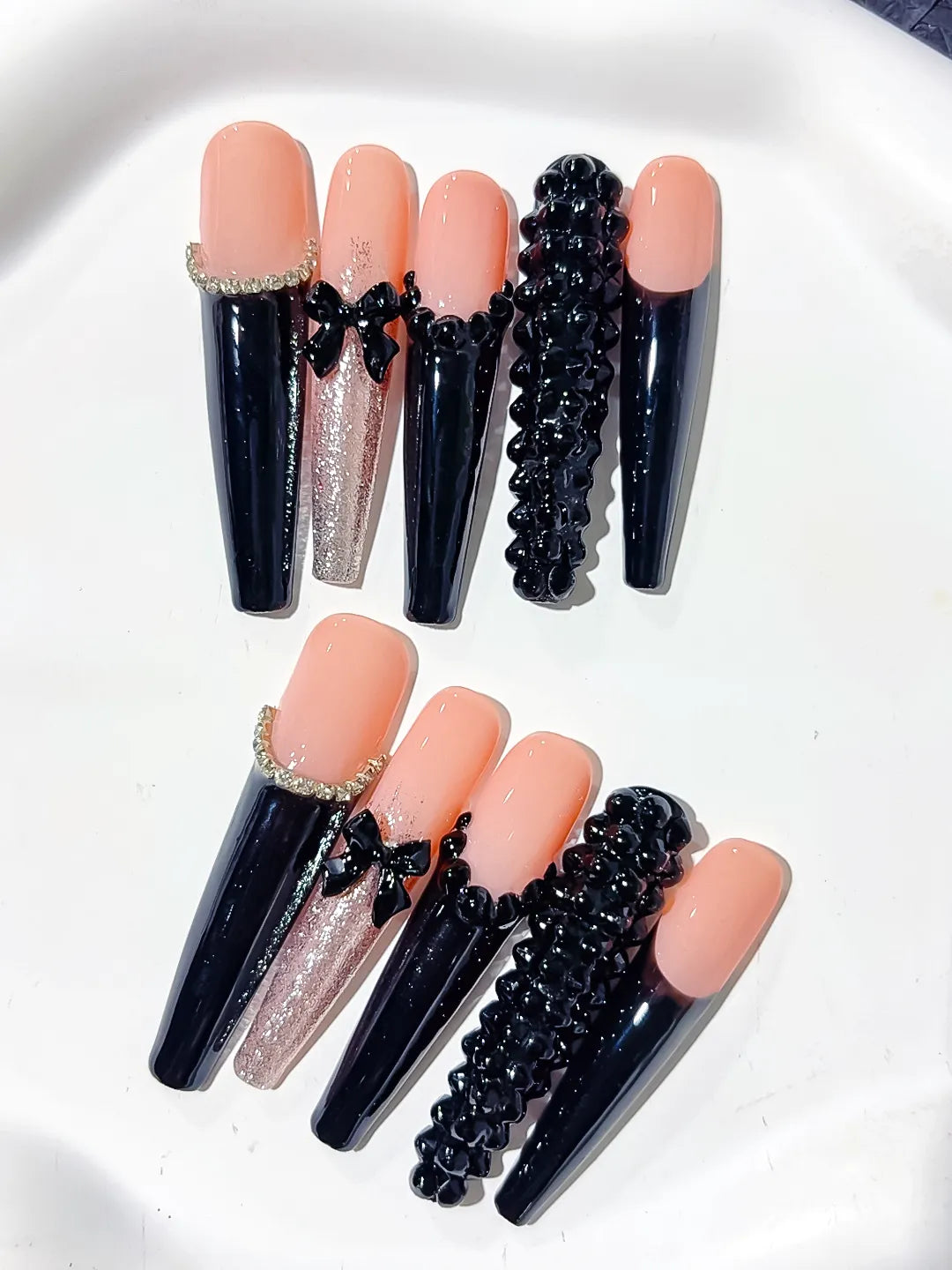 Nude Black Pink Gold French tip Bow Glitter 3D press on nails detail view