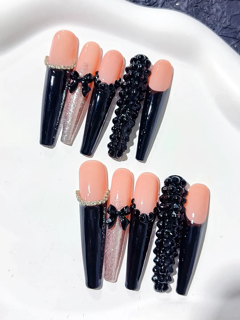 Nude Black Pink Gold French tip Bow Glitter 3D press on nails detail view