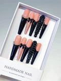Nude Black Pink Gold French tip Bow Glitter 3D press on nails