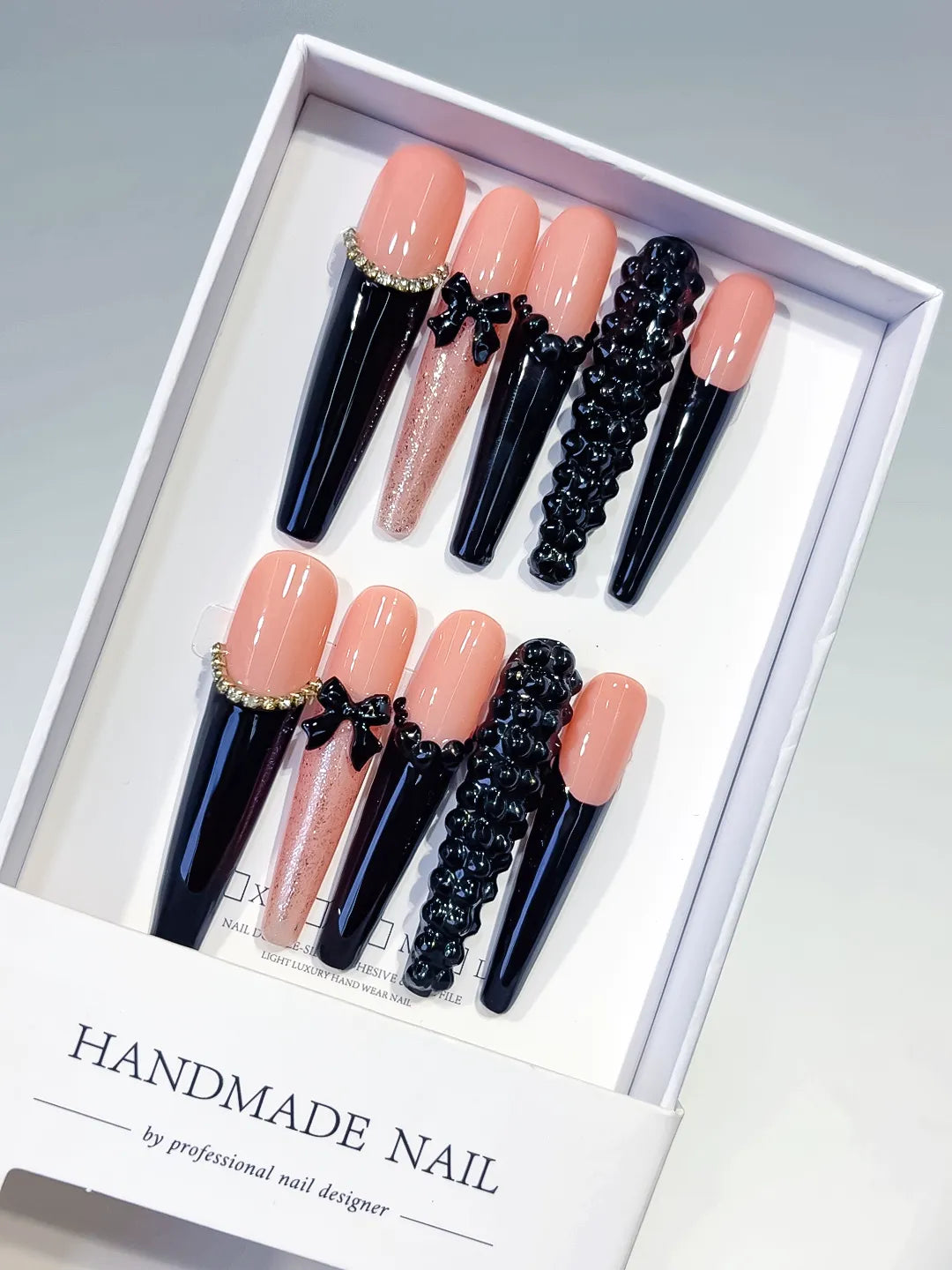 Nude Black Pink Gold French tip Bow Glitter 3D press on nails