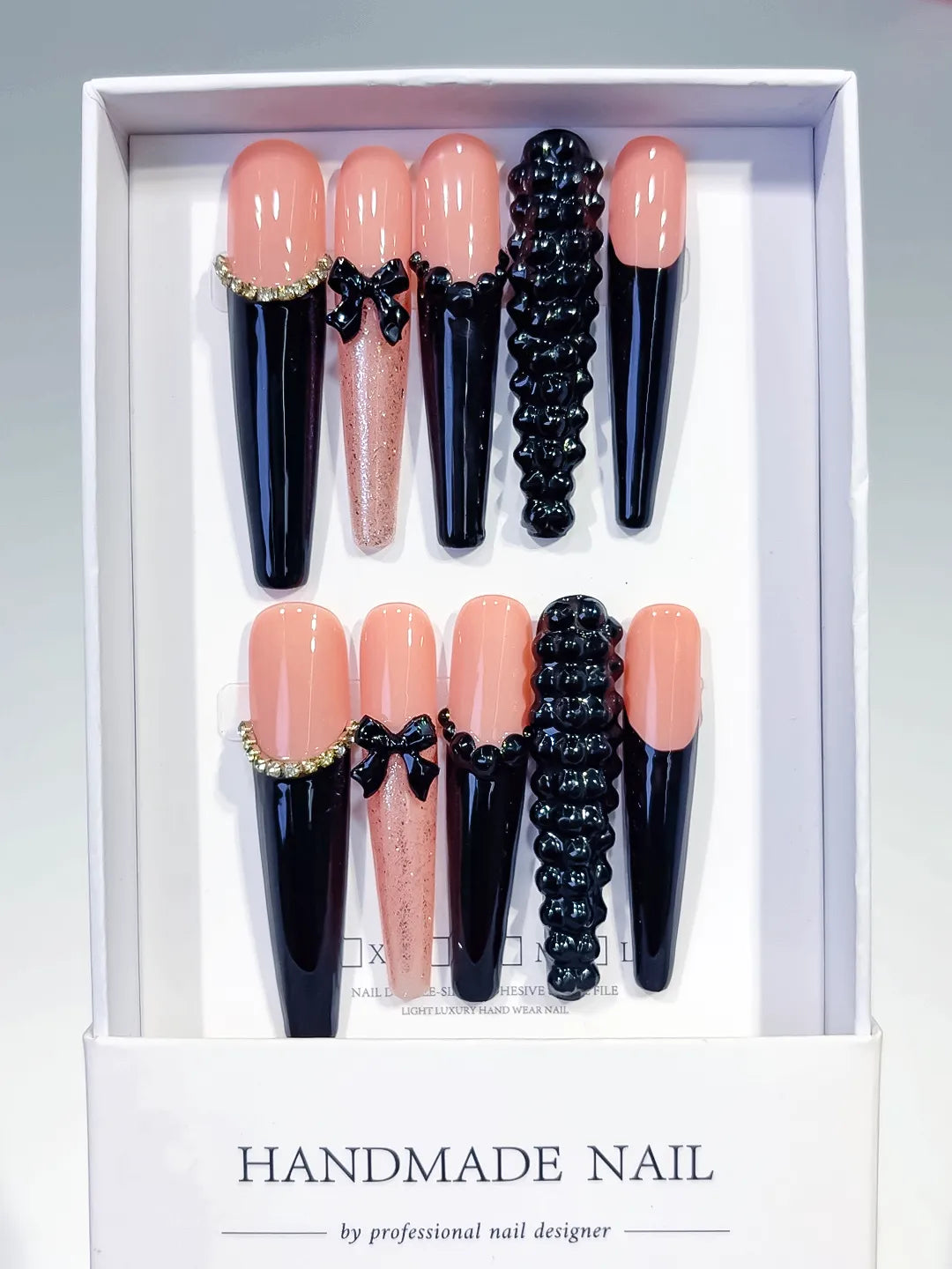 Nude Black Pink Gold French tip Bow Glitter 3D press on nails full set view