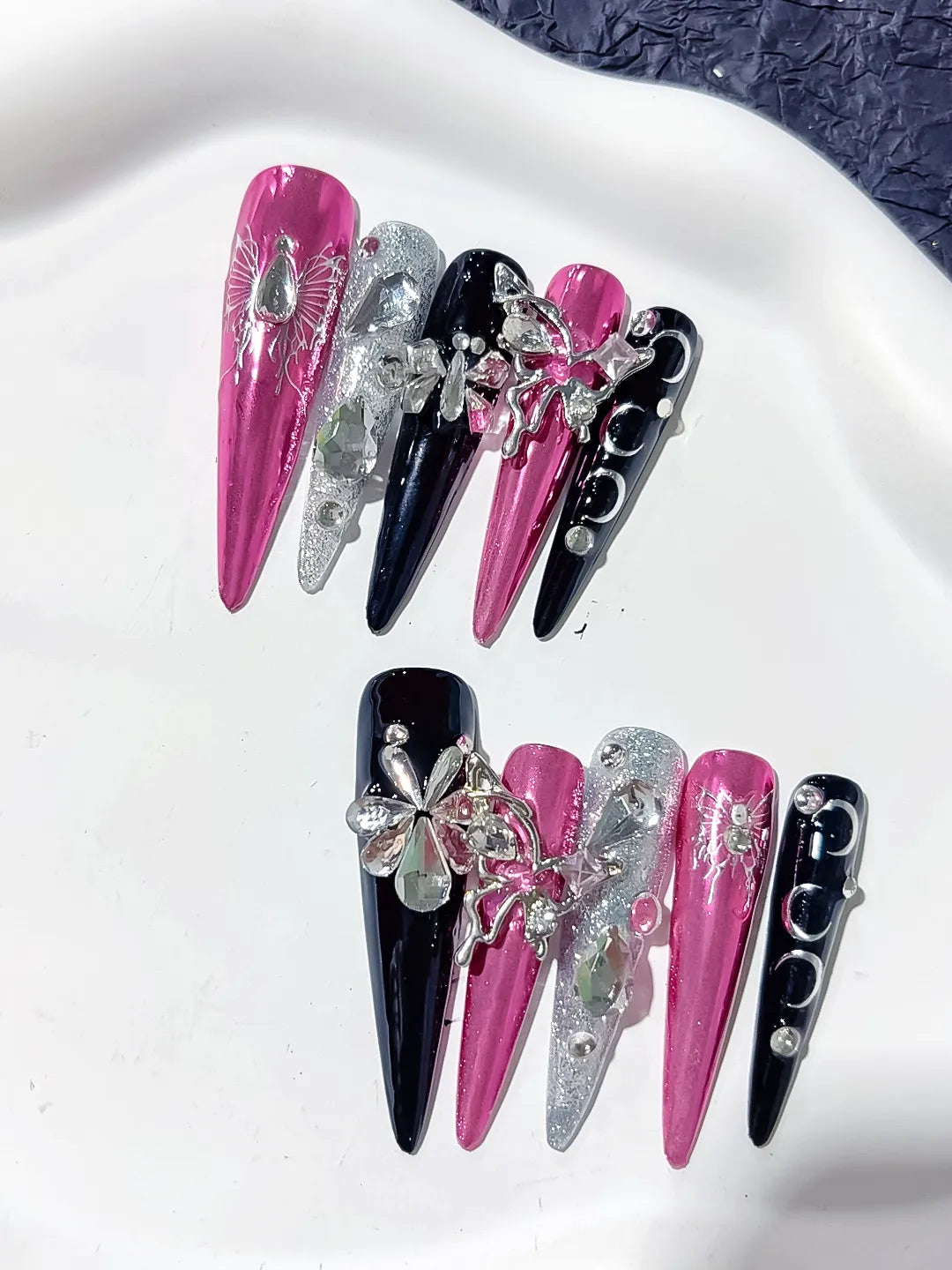 Pink Black Silver Metallic Flower Rhinestone 3D press on nails close up