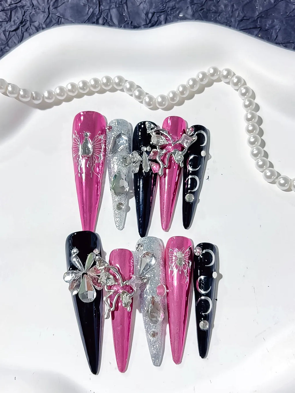 Pink Black Silver Metallic Flower Rhinestone 3D press on nails detail view