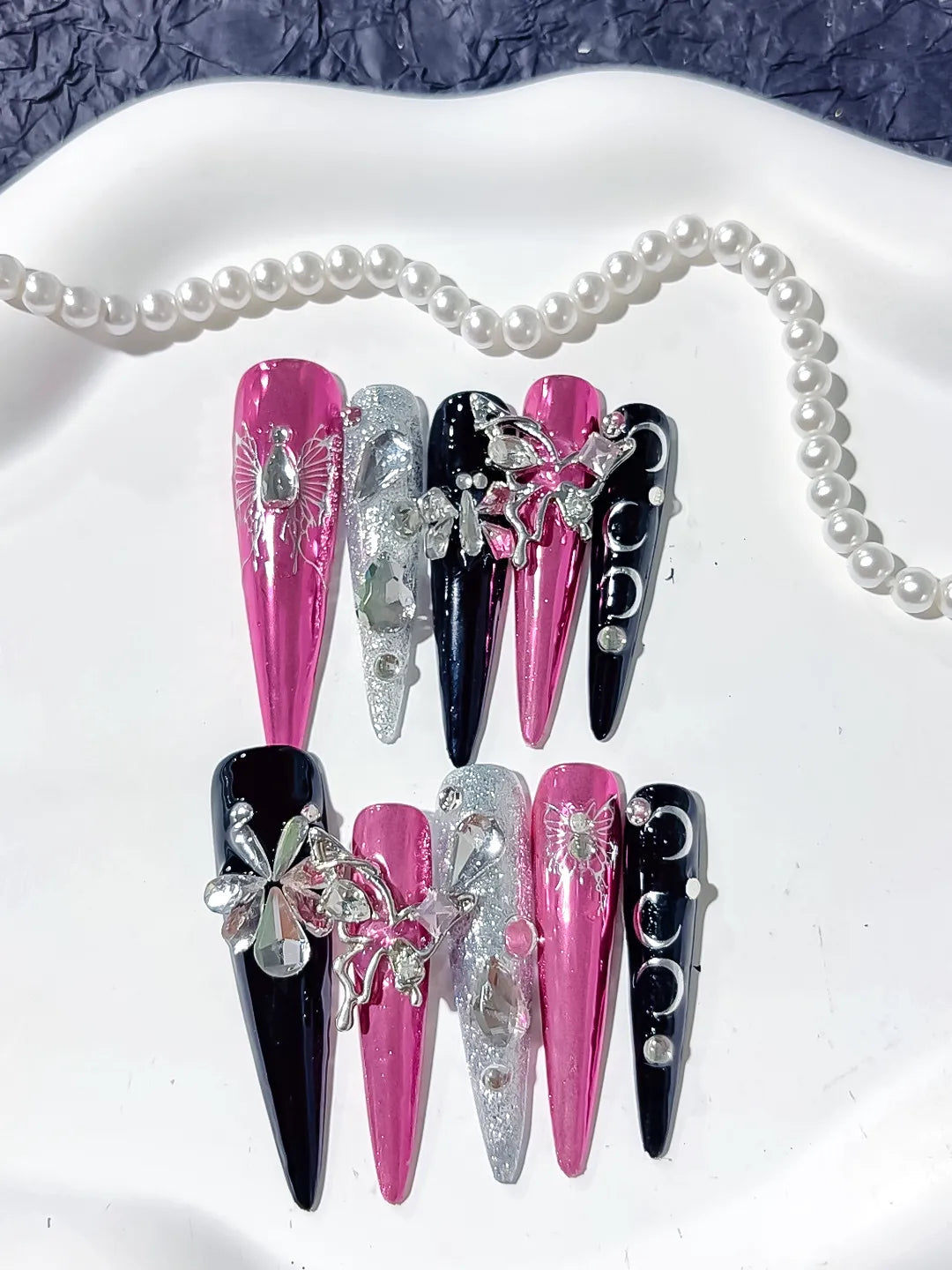 Pink Black Silver Metallic Flower Rhinestone 3D press on nails detail view