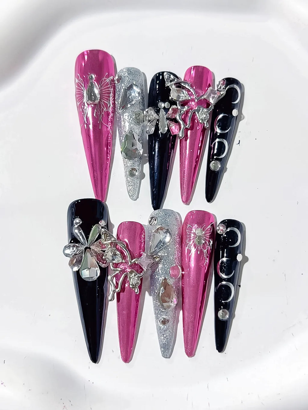 Pink Black Silver Metallic Flower Rhinestone 3D press on nails detail view