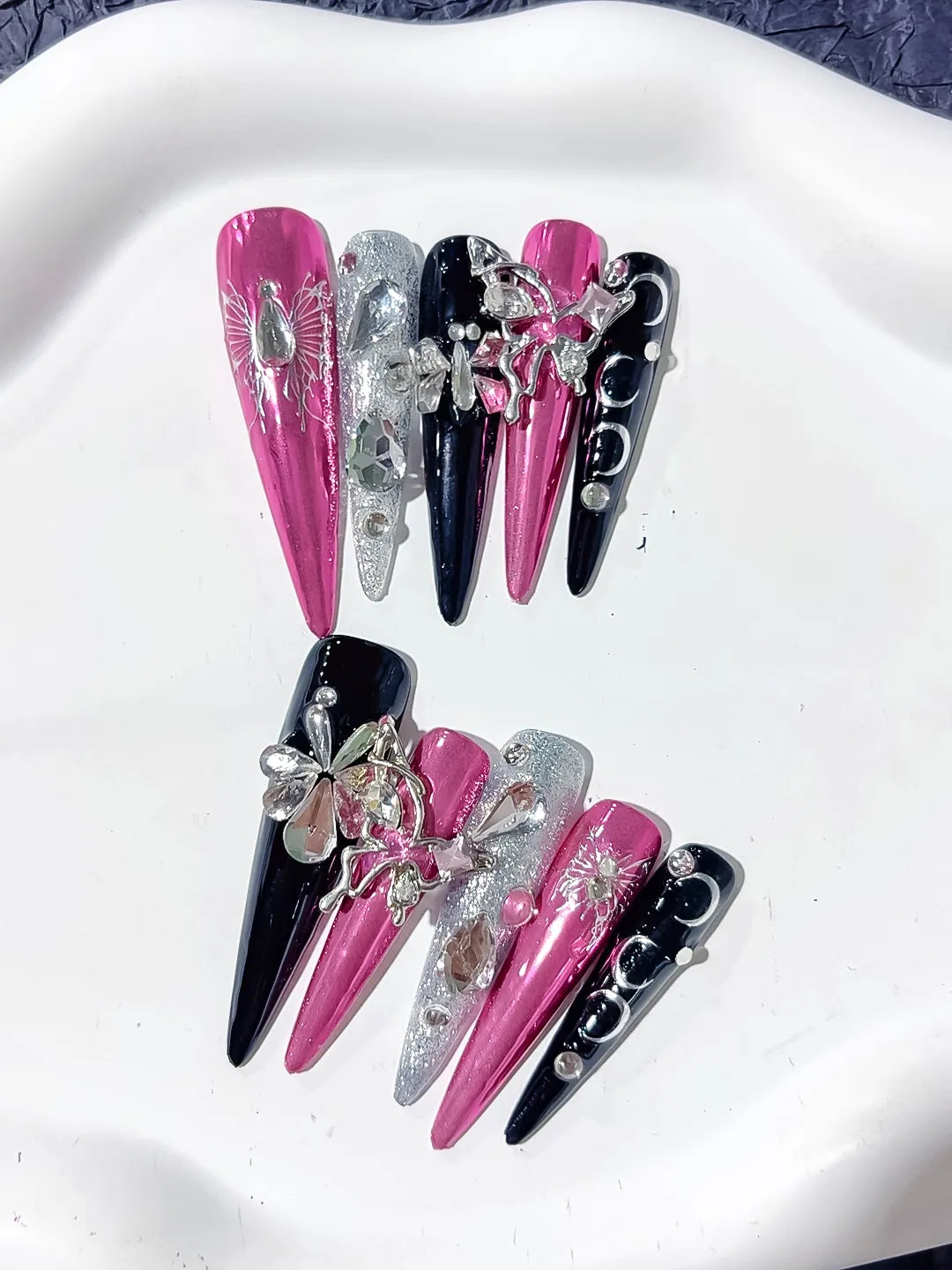 Pink Black Silver Metallic Flower Rhinestone 3D press on nails detail view