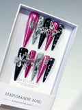 Pink Black Silver Metallic Flower Rhinestone 3D press on nails