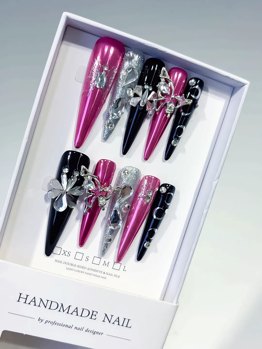 Pink Black Silver Metallic Flower Rhinestone 3D press on nails
