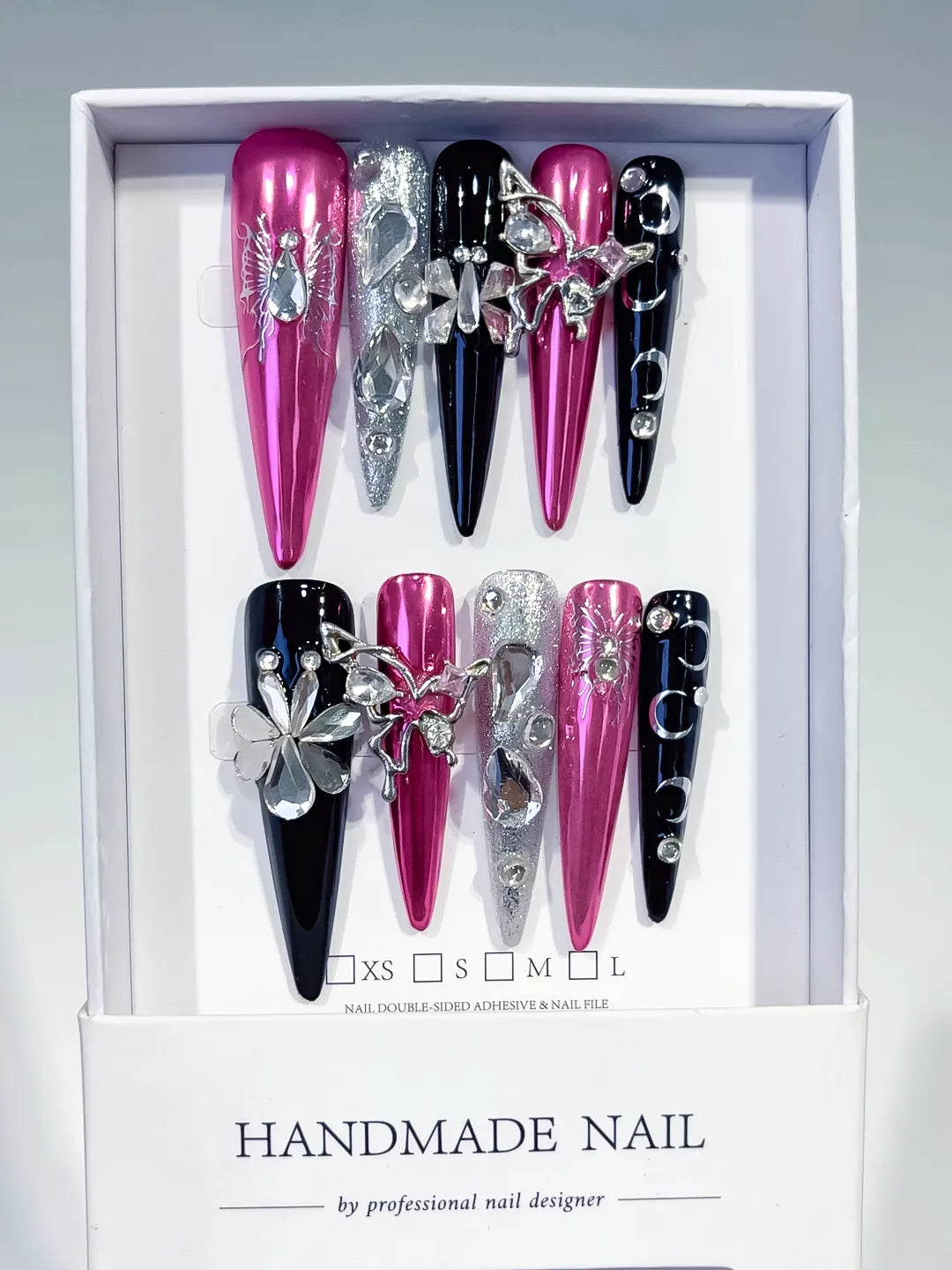 Pink Black Silver Metallic Flower Rhinestone 3D press on nails full set view
