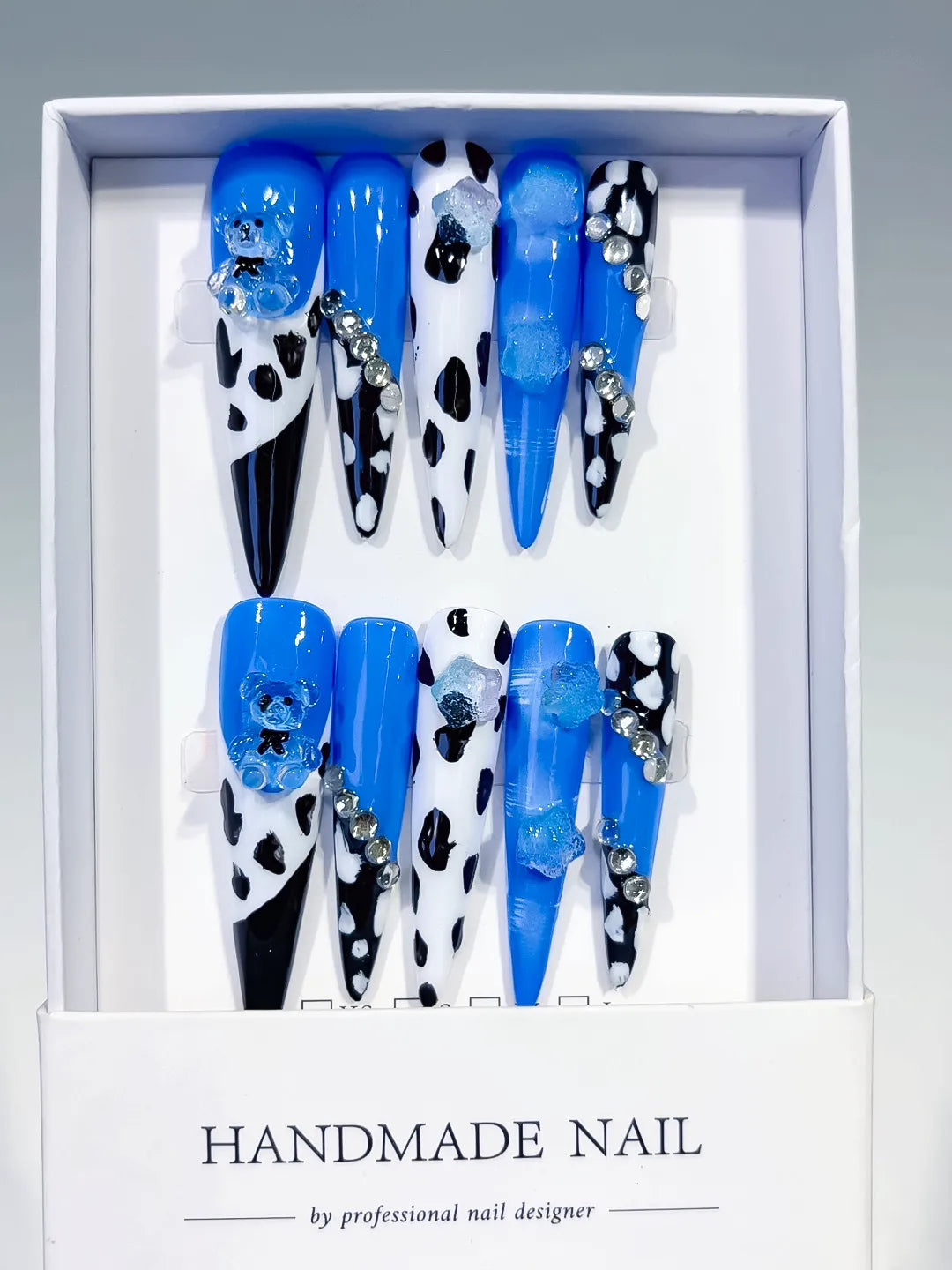 Blue Black White Silver Abstract Animal Print Flower Rhinestone 3D press on nails full set view